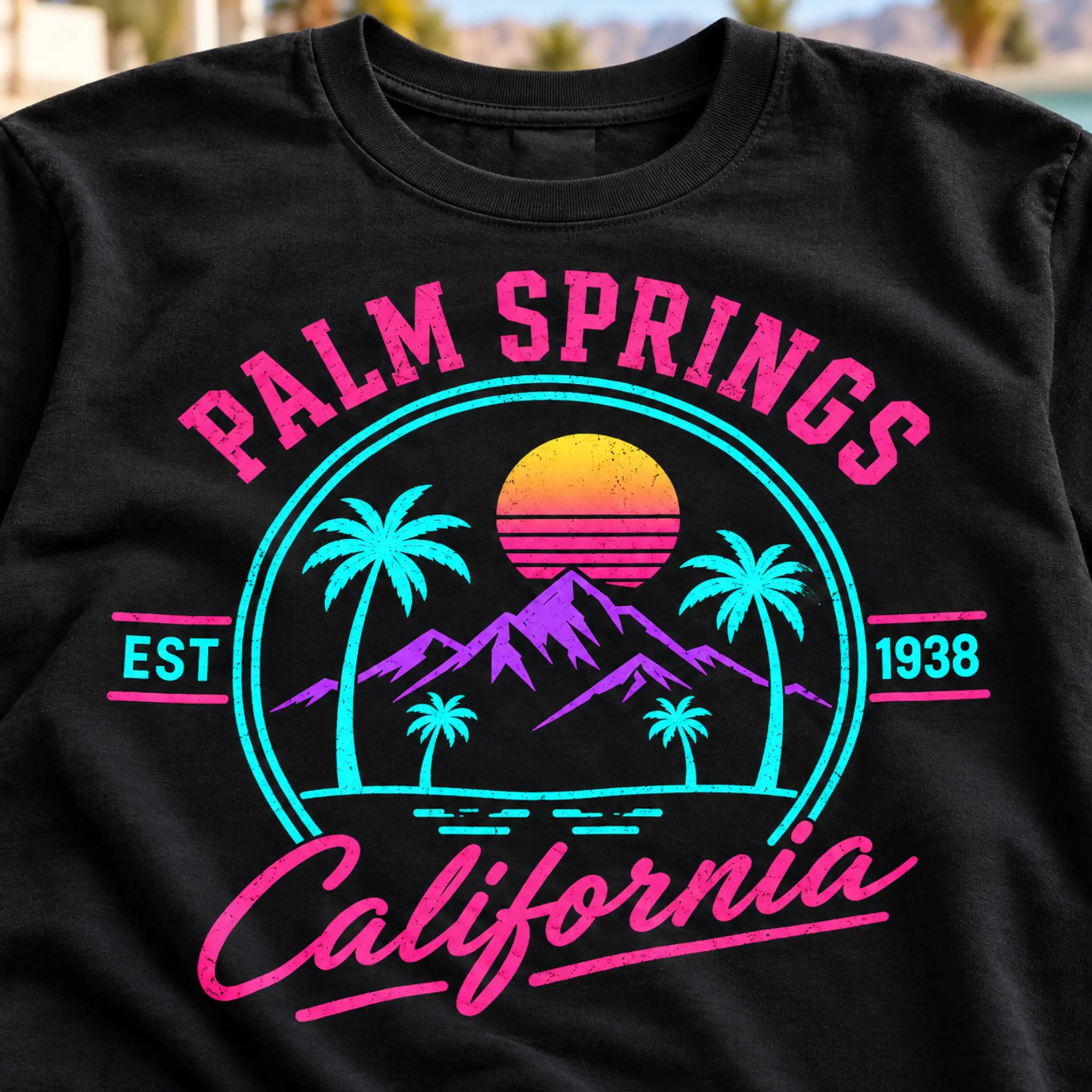 Close-up of the distressed Palm Springs Traditional graphic printed on a black T-shirt
