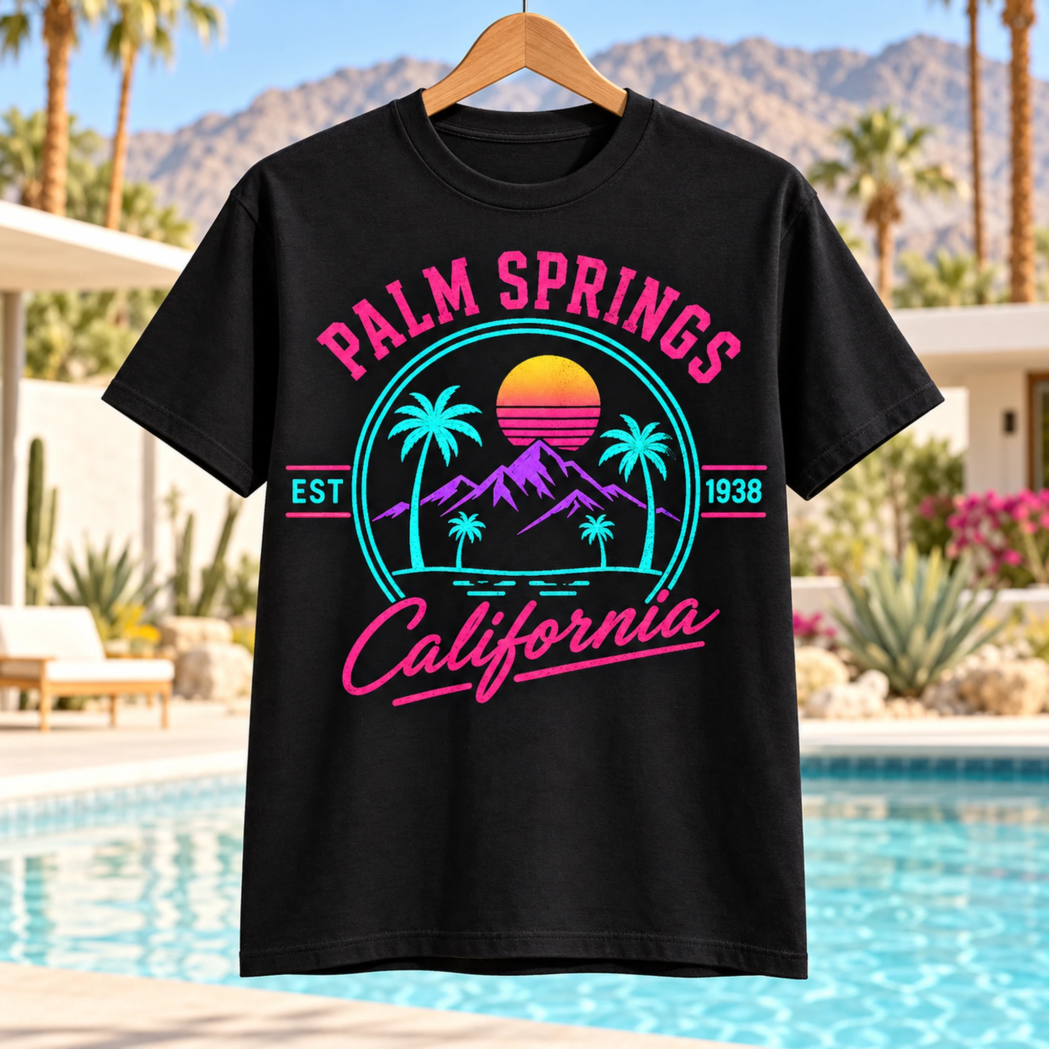 Black Palm Springs Traditional graphic T-shirt displayed in a sunny Palm Springs setting