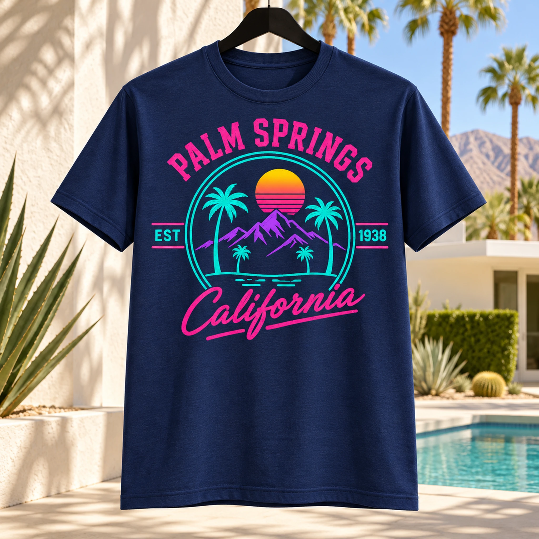 Navy Palm Springs Traditional graphic T-shirt displayed in a sunny Palm Springs setting