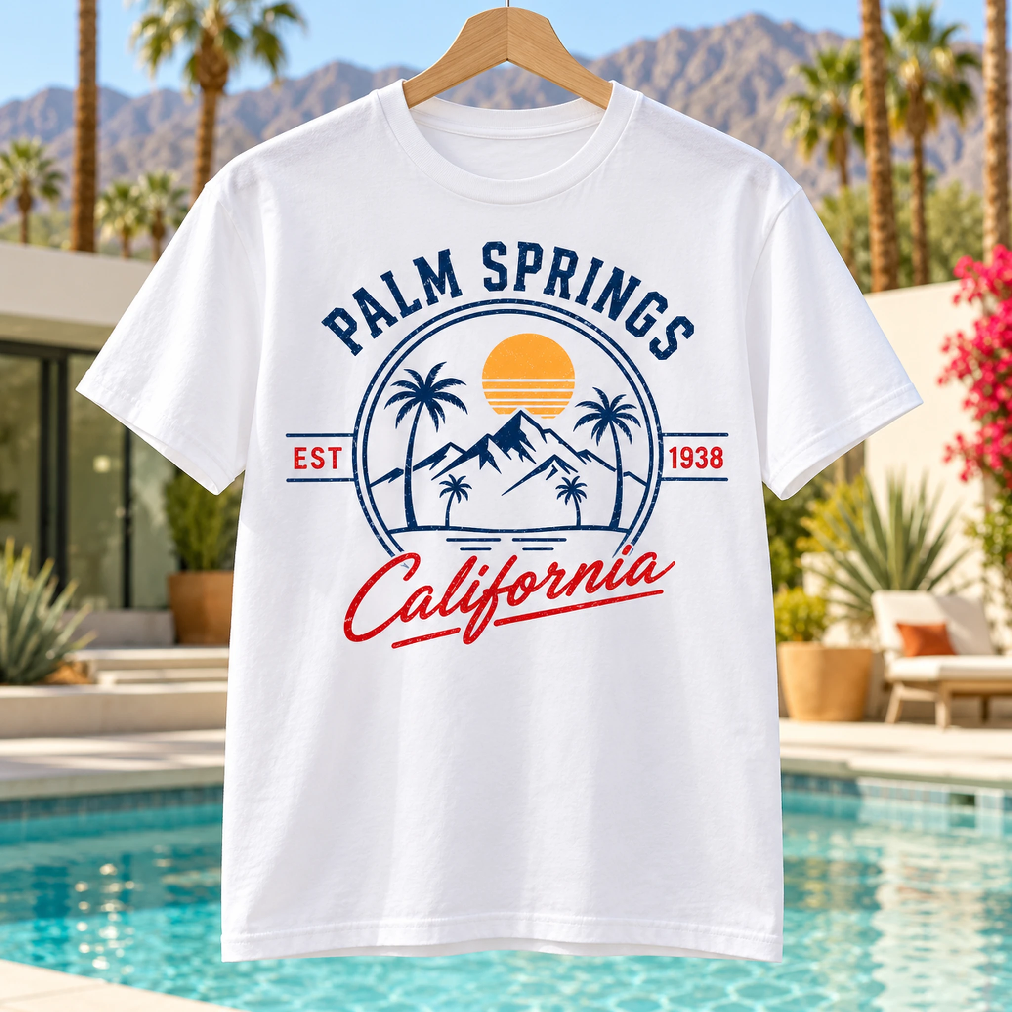 White Palm Springs Traditional graphic T-shirt displayed in a sunny Palm Springs setting