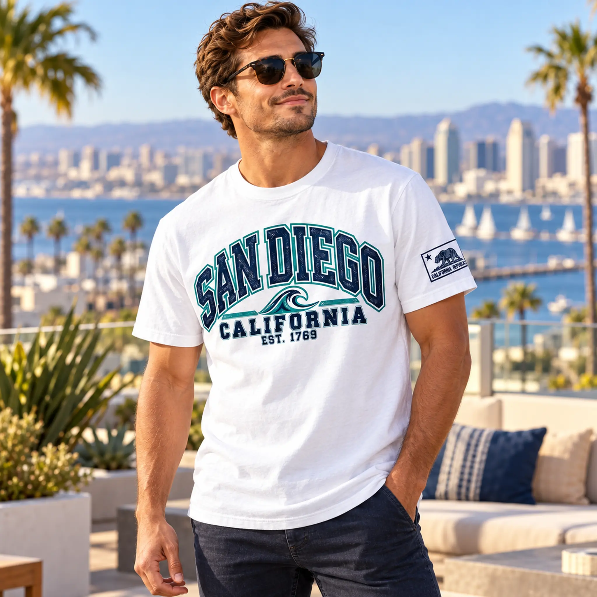 Man wearing the white Hometowns I Love San Diego Wave graphic tee overlooking the San Diego harbor.