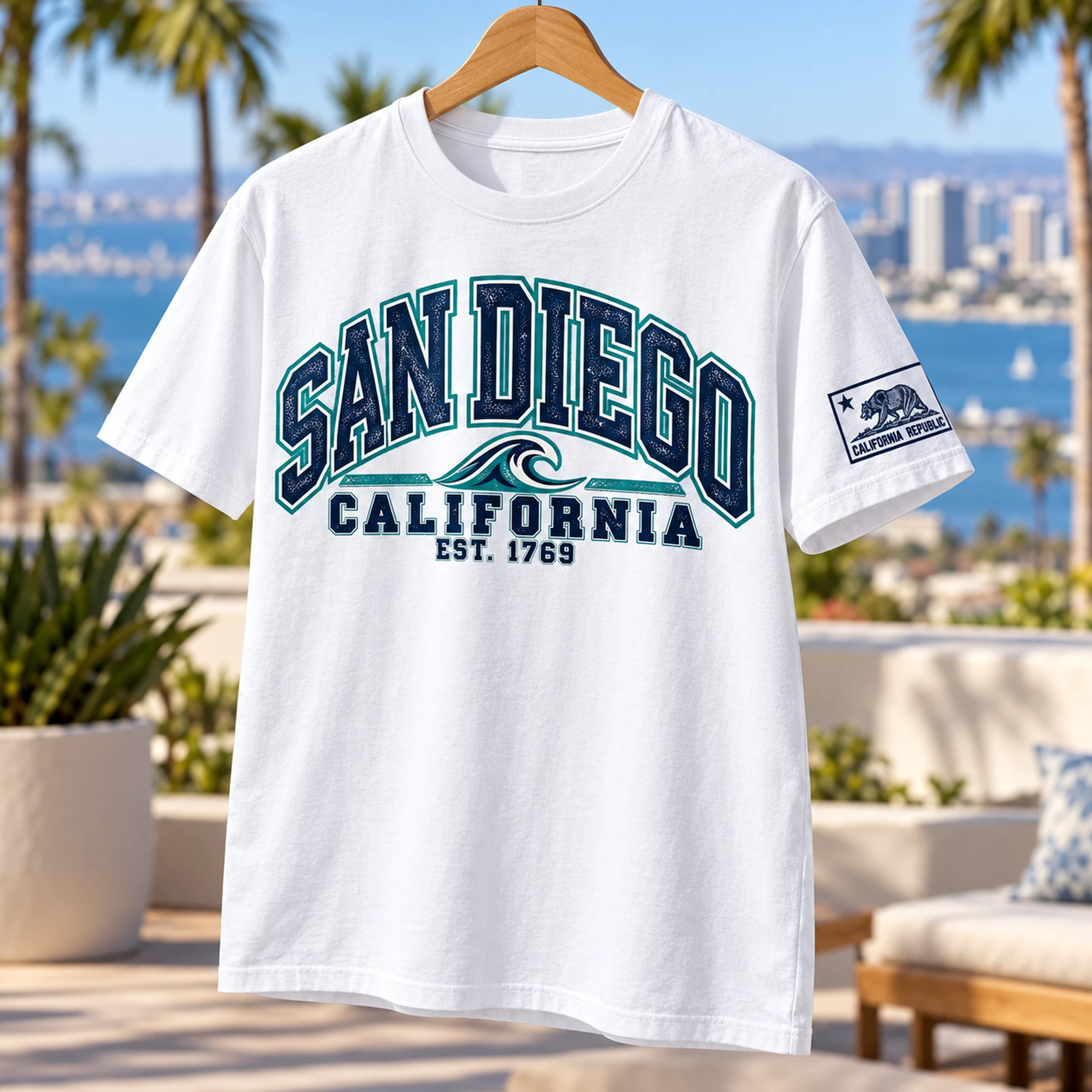 White San Diego Wave graphic T-shirt with a California flag on the wearer’s left sleeve