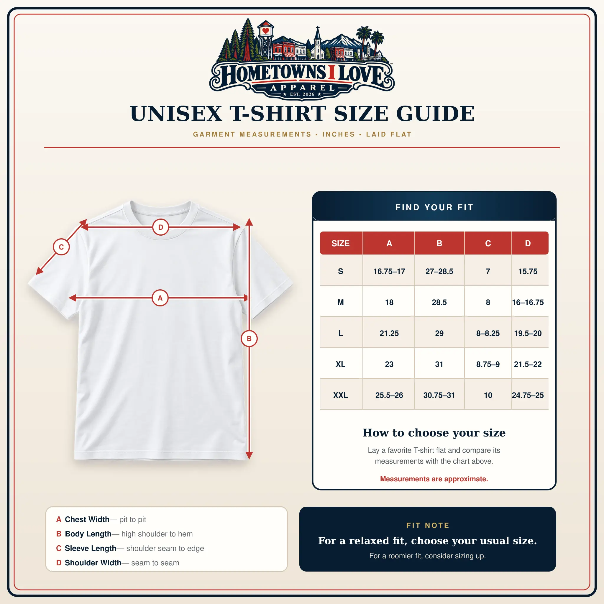 Hometowns I Love unisex T-shirt size guide showing chest width, body length, sleeve length and shoulder width for sizes Small through XXL