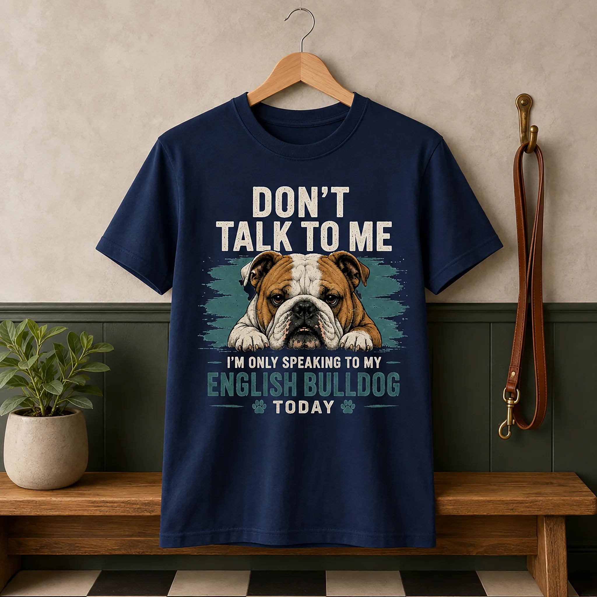Navy K9 Social Club graphic tee featuring the English Bulldog “Don’t Talk to Me” design