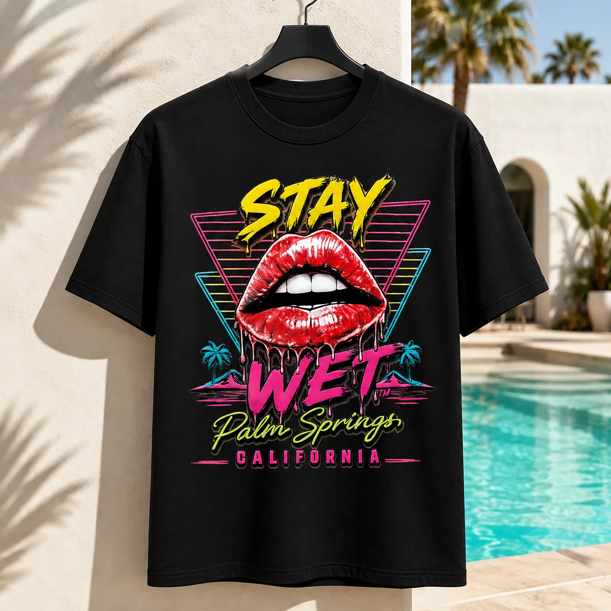 Black Stay Wet Hot Lips and Triangles graphic T-shirt displayed on a hanger