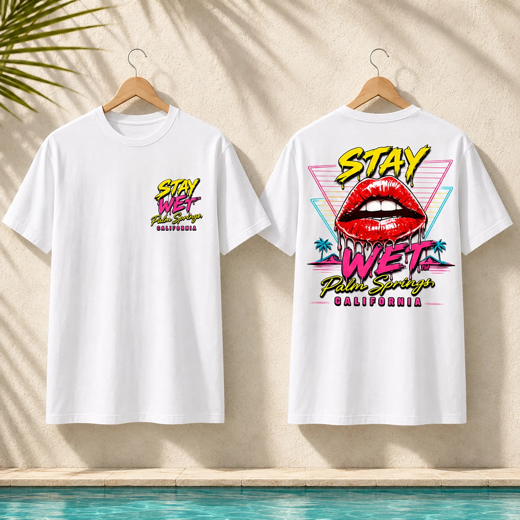 White Stay Wet Hot Lips and Triangles tee shown from the front and back