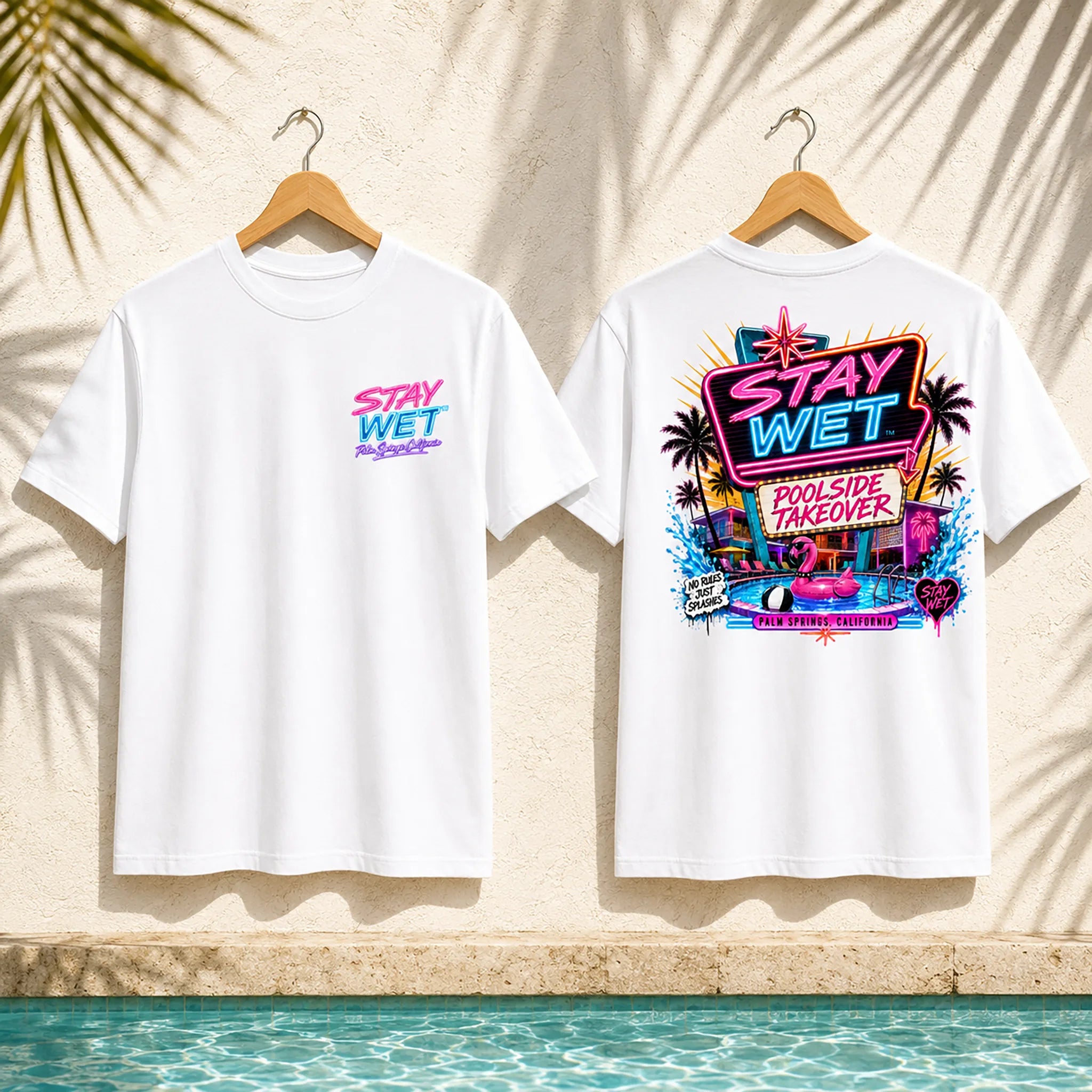 White Stay Wet Poolside Takeover Pink Flamingo T-shirt shown from the front and back
