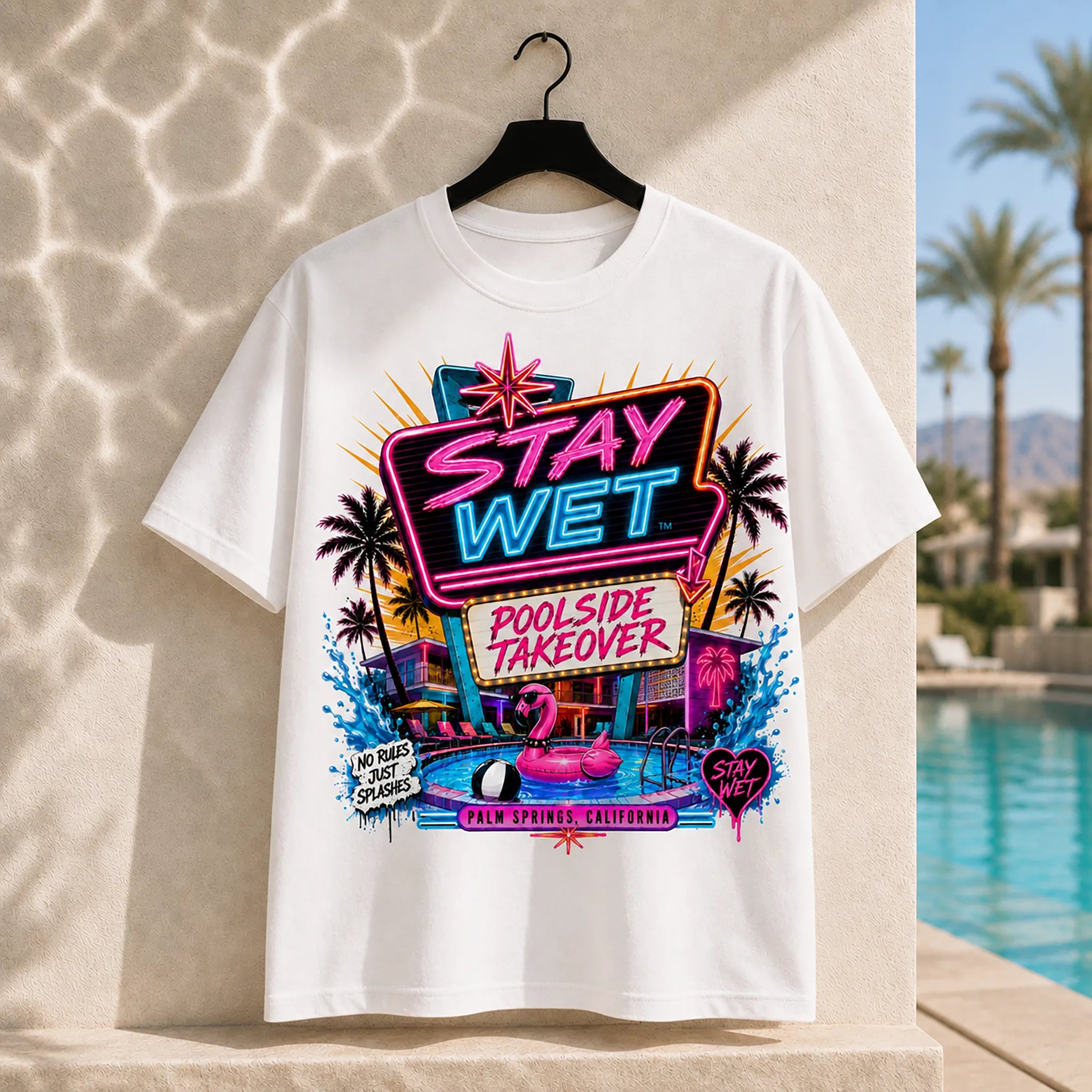 White Stay Wet Poolside Takeover Pink Flamingo graphic tee on a hanger